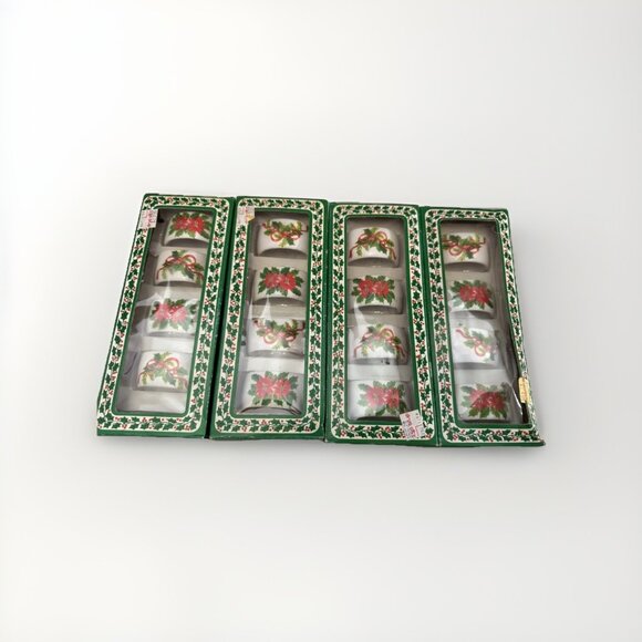Handcrafted New Ceramic Christmas Napkin Rings Set of 16 Poinsettia & Holly VTG! - Picture 1 of 4